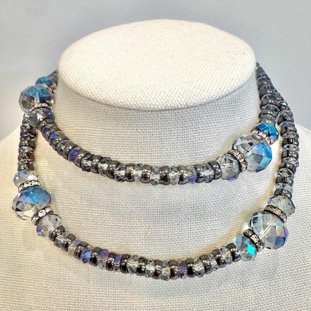 Elegant Slate Blue and Silver Cut Crystal Beaded Necklace NWOT